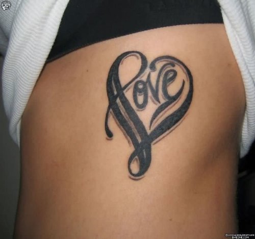 Black Ink Love Tattoo On Side Rib