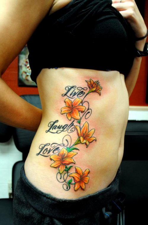 Flowers And Live Laugh Love Tattoo On Side Rib