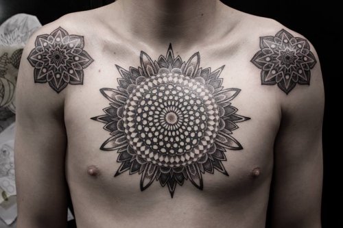 Mandala Flowers Tattoos On Chest And Both Shoulders