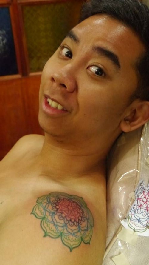 Man With Mandala Flower Tattoo On Left Shoulder