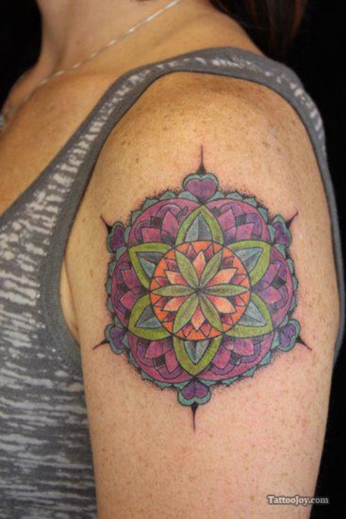 Mandala Flower Tattoo On Girl Left Shoulder