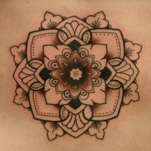 Classic Grey Ink Mandala Flower Tattoo