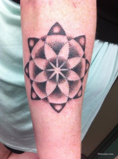 Awesome Grey Ink Mandala Flower Tattoo On Left Sleeve