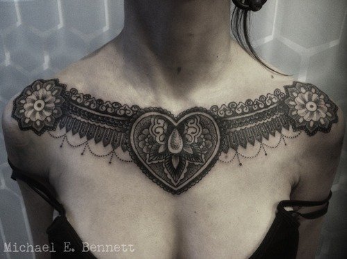 Grey Ink Mandala Tattoos On Chest and Shoulders