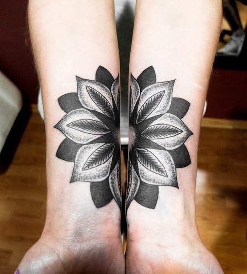 Black Ink Mandala Flower Tattoos On Both Sleeve