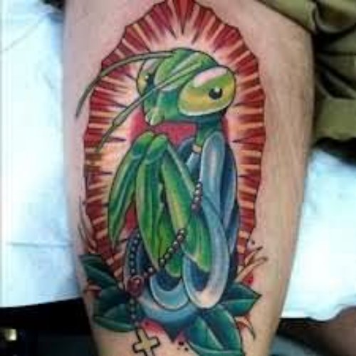 Beautiful Mantis Tattoo On Back Leg