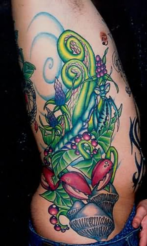 Rib Side Colored Mantis Tattoo