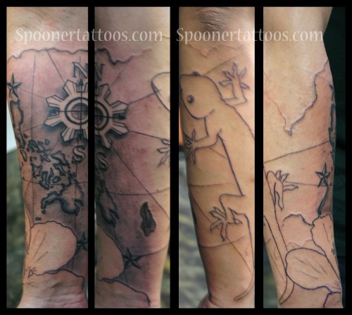 Grey Outline Lizard And Map Tattoo On Arm Sleeve