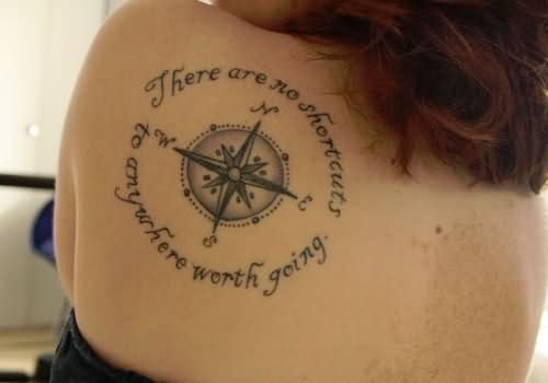 Grey Ink Compass Map Tattoo On Left Back Shoulder