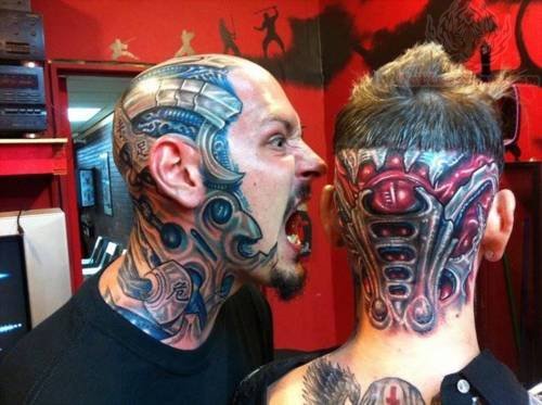 Mechanical Tattoo On Face And Back Head