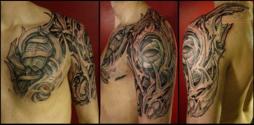 Mechanical Mic Tattoo On Chest And Shoulder