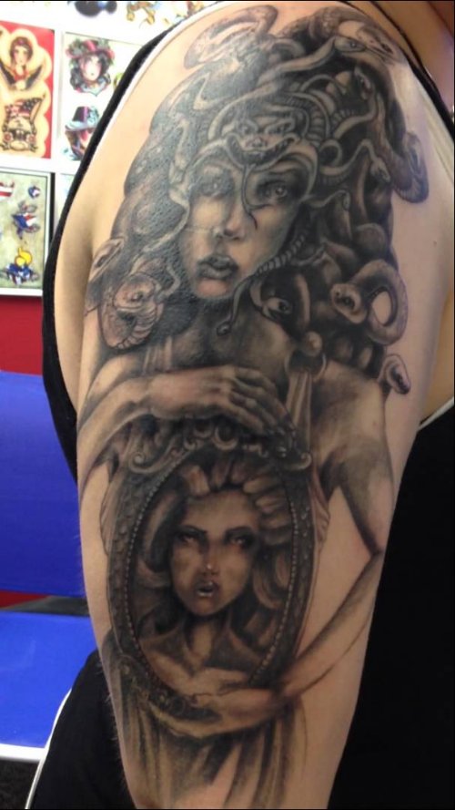 Grey Medusa Tattoo On Half Sleeve