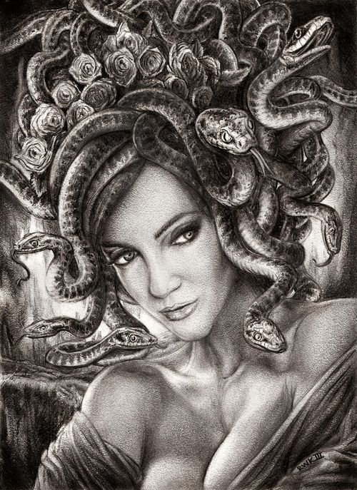 Grey Medusa Girl Head Tattoo Design