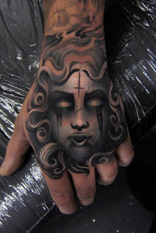 Medusa Tattoo On Left Hand