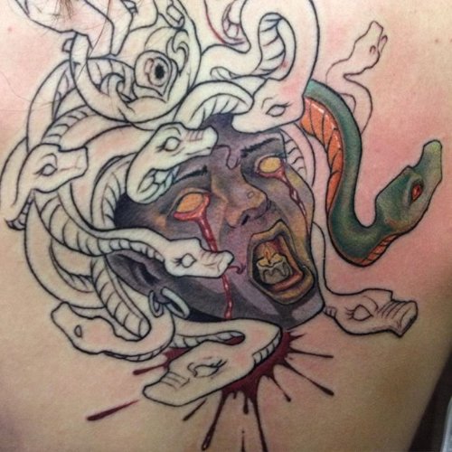 Medusa Crying With Blood Tears Tattoo On Back Shoulder