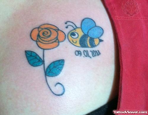 Memorial Bee And Rose Tattoo On Back Shoulder