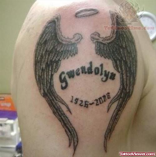 Wings Memorial Tattoo On SHoulder