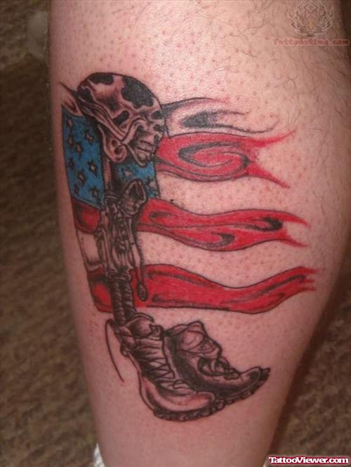 Fallen Soldier Memorial Tattoo On Leg