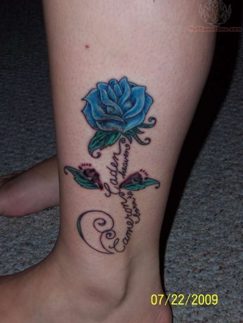 Blue Rose Memorial Tattoo On Leg