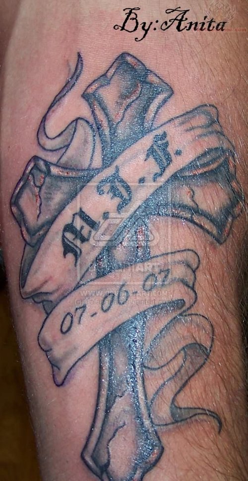 Cross Memorial Tattoo On Arm