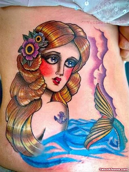 Mermaid Flower Tattoo On Hip