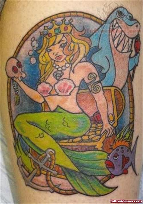 Mermaid Colorful Sitting Tattoo