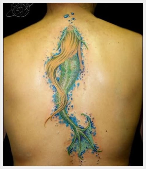 Back Body Color Ink Mermaid Tattoo