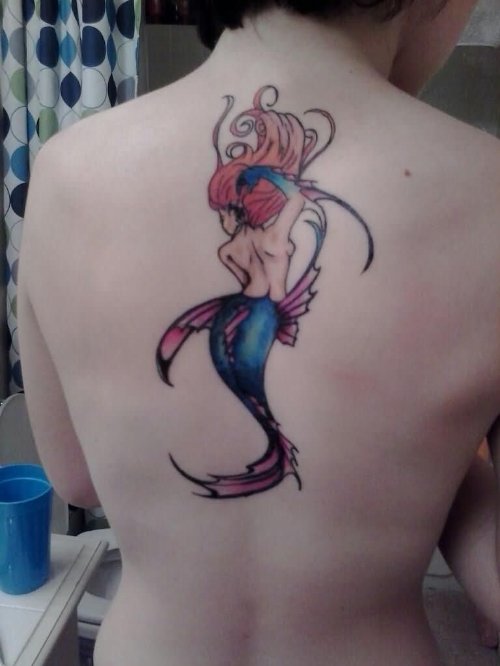 Color Ink Swimming Mermaid Tattoo On Back