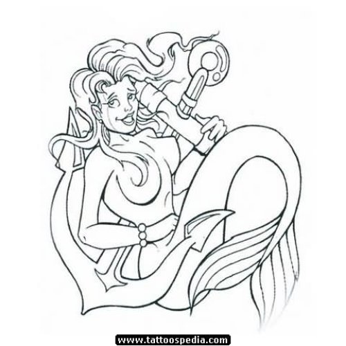Outline Anchor And Mermaid Tattoo Design