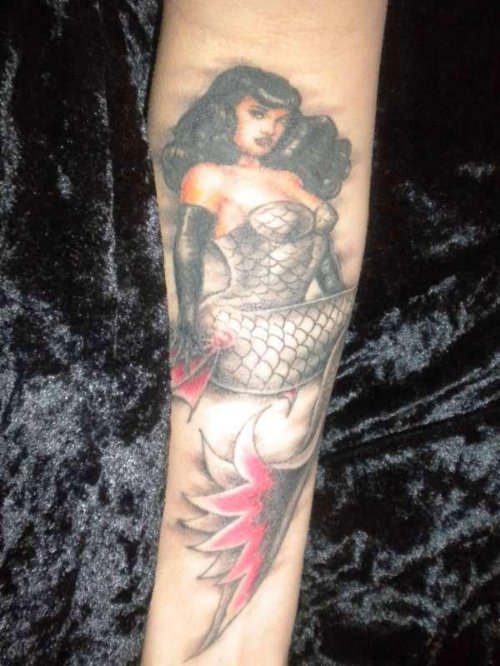 Dark Ink Mermaid Tattoo On Full Sleeve