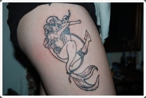 Nice Grey Ink Mermaid Tattoo On Right Thigh