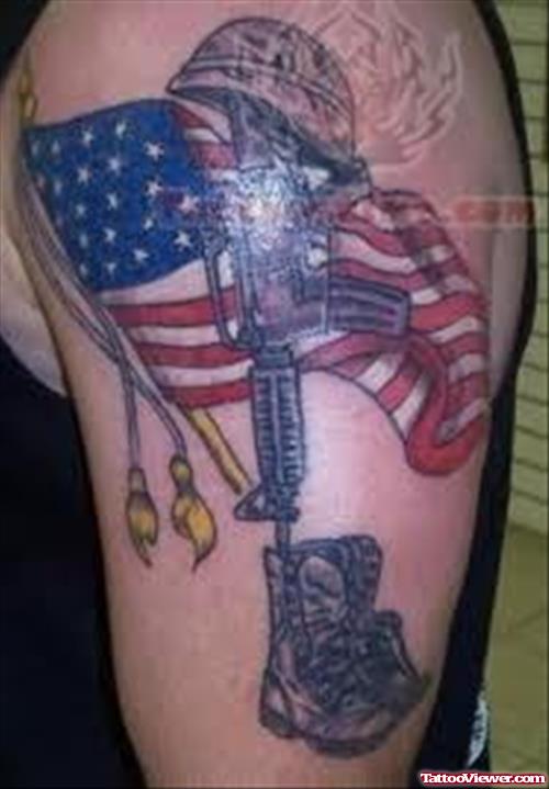 Military Flag And Gun Tattoo