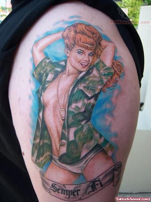 Military Girl Tattoo On Shoulder