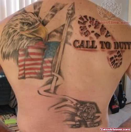 American Military Tattoo On Back Body