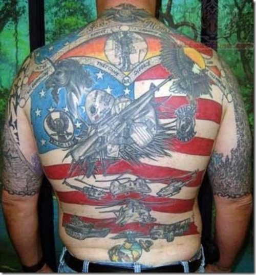 Colorful Military Tattoo On Full Back