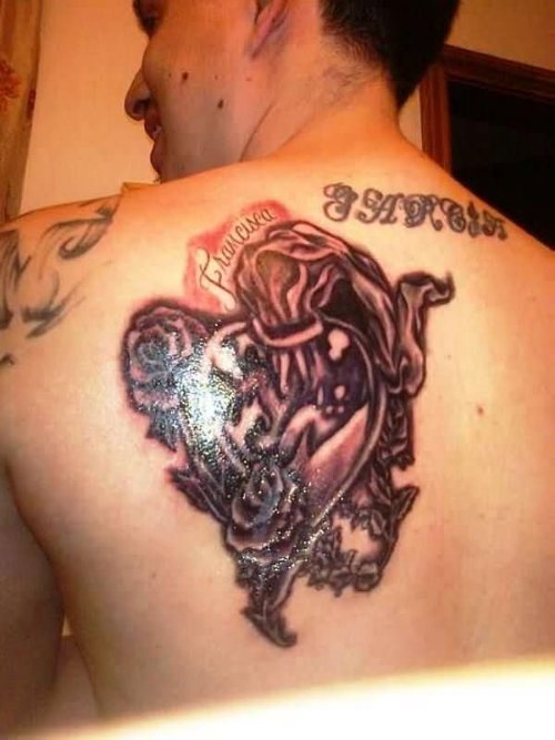 Grey Ink Sacred Heart Mom Tattoo On Back Shoulder