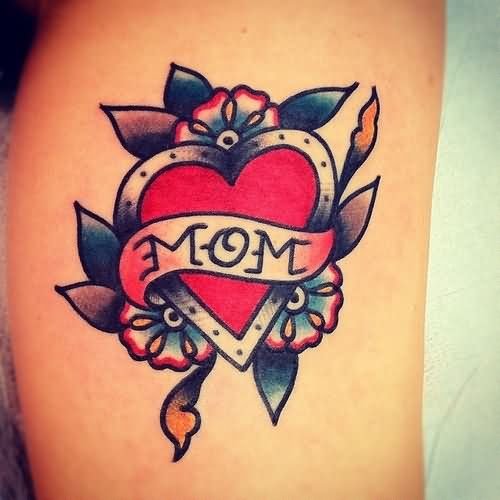 New Red Heart And Mom Banner Tattoo Desi