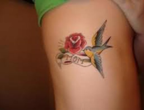 Flying Bird And Mom Tattoo On Side