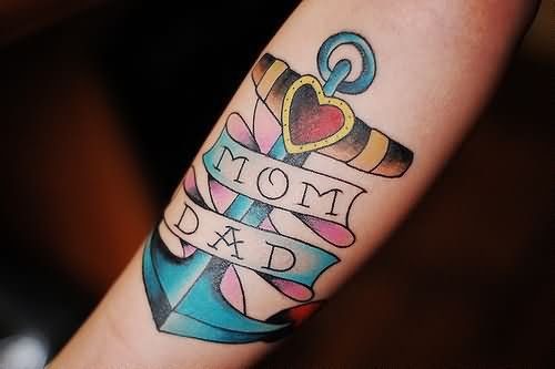 Colored Anchor And Mom Tattoo On Sleeve