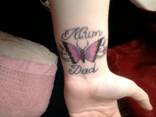 Butterfly And Dad Mom Tattoo On Wrist