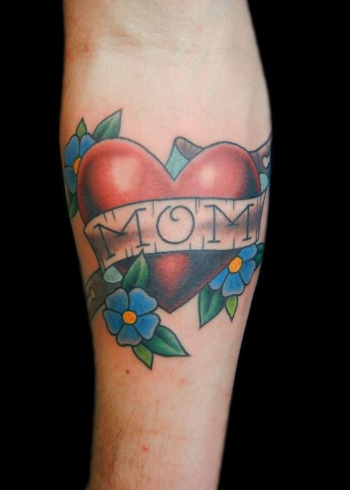 Blue Flowers And Red Heart Mom Tattoo