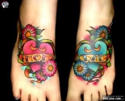 Colored Hearts and Mom Tattoos On Feet