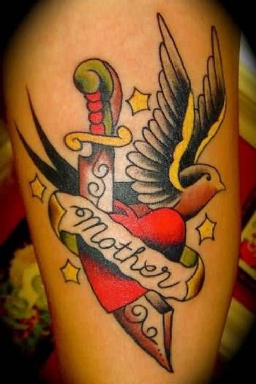 Flying Bird With Dagger and Mom Tattoo