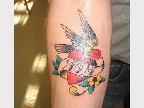 Flying Bird And Mom Banner Tattoo