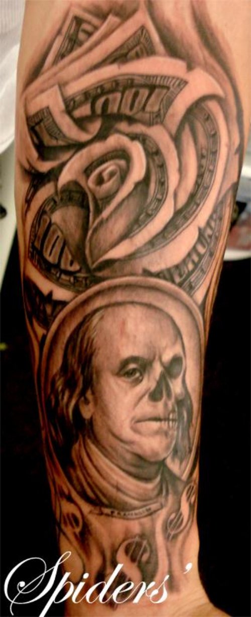 Grey ink Money Tattoo on Right Sleeve