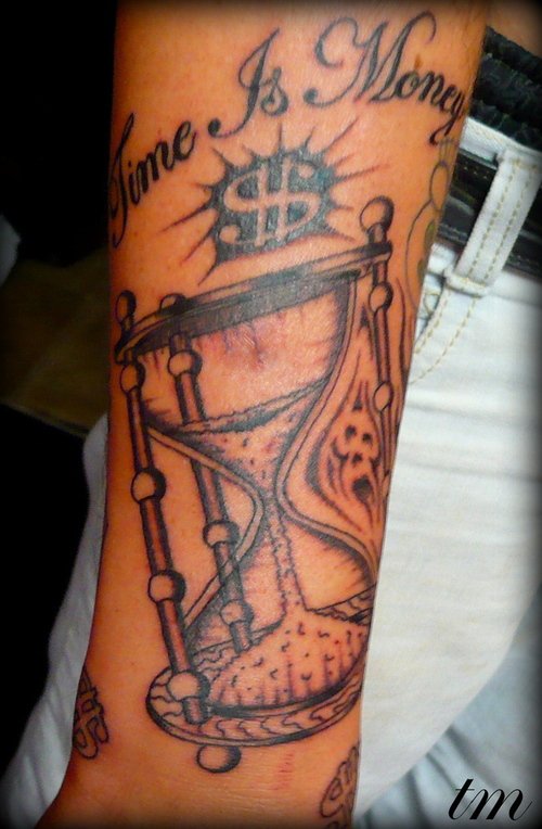 Hourglass And Money Tattoo On Sleeve