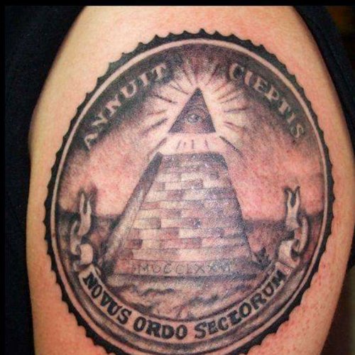 Grey Ink Pyramid And Money Tattoo