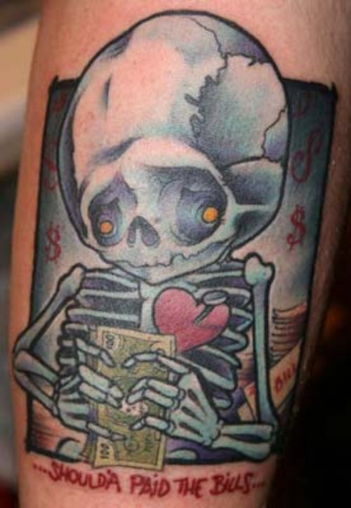 Skeleton Money Tattoo On Arm