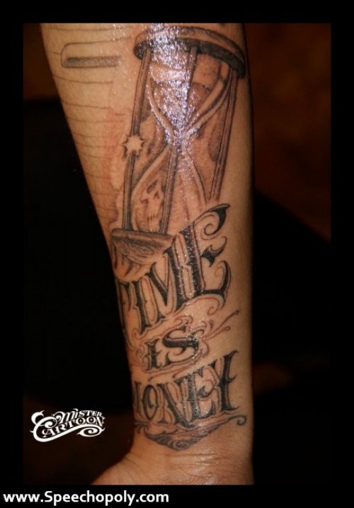 Awesome Time Is Money Tattoo On Leg