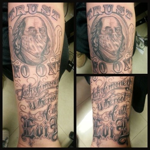 Grey Ink Money Tattoos On Sleeve